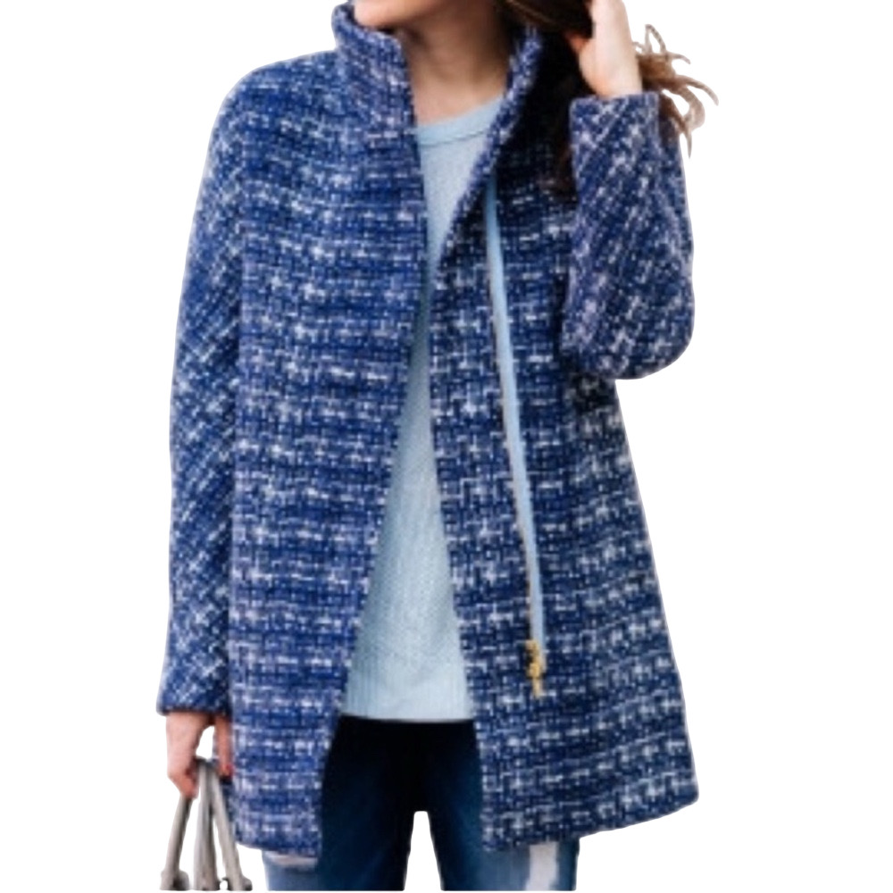 J CREW Factory Coat Cocoon City Full Zip Wool Blend Blue White Tweed Women 0 XS